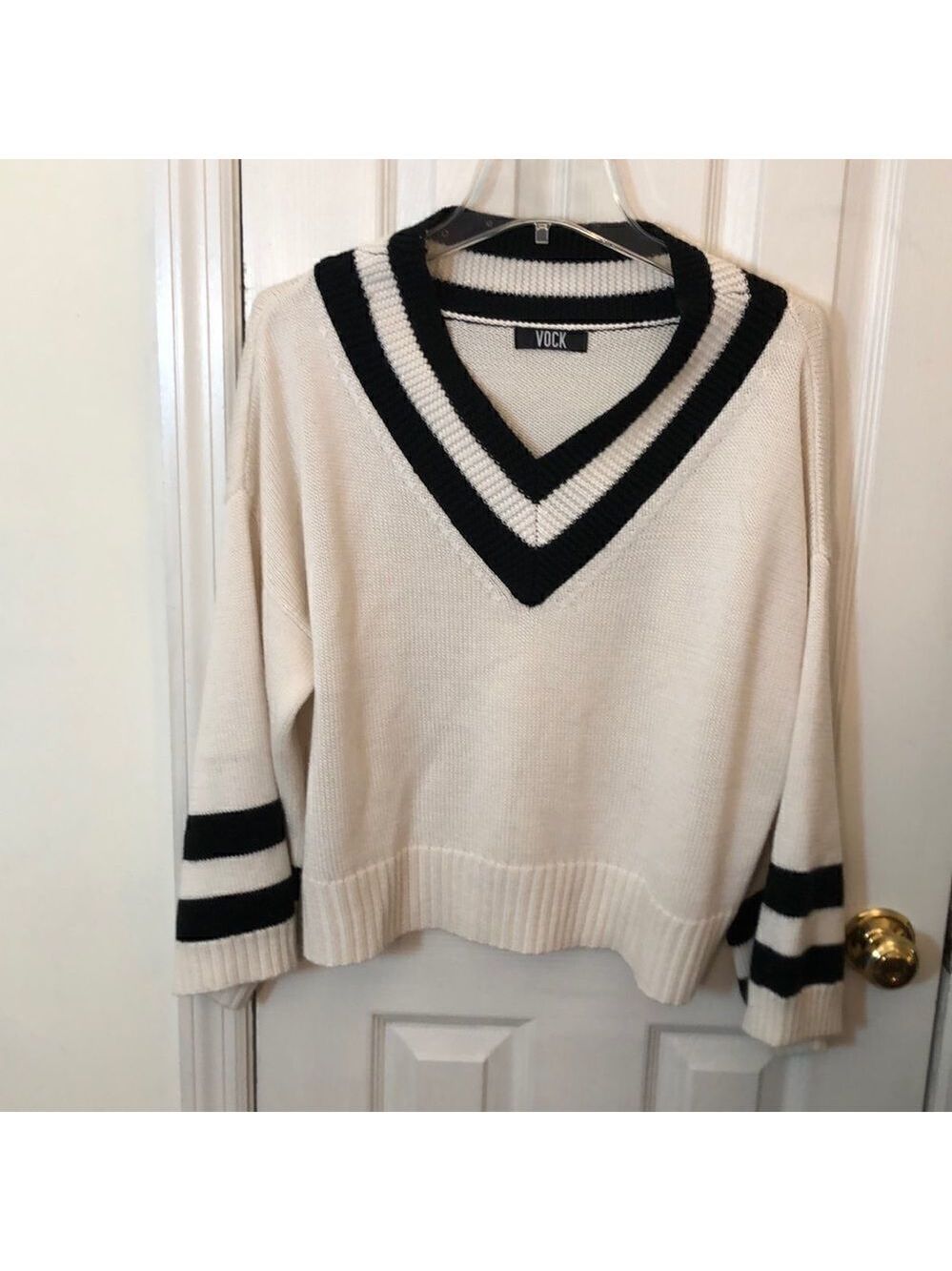 VOCK v-neck oversized sweater. White w/ Black Trim Pit to Pit 25" Preworn